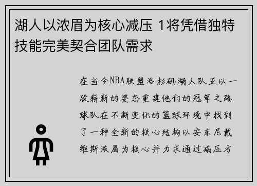 湖人以浓眉为核心减压 1将凭借独特技能完美契合团队需求